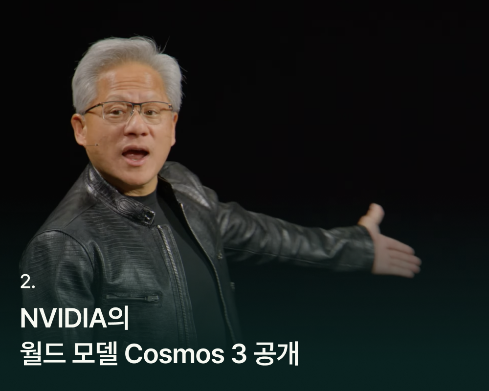 NVIDIA 회장인 젠슨 황이 AI 발표를 하고 있는 모습 화면에는 "2.NVIDIA의 월드 모델 Cosmos 3 공개" 라고 쓰여있음