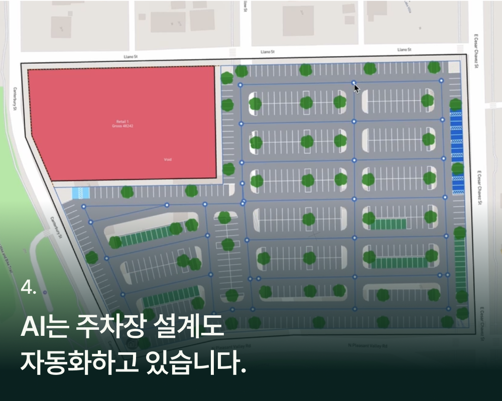 Ai 프로그램이 주차장 설계를 자동으로 하는 모습 "AI는 주차장 설계도 자동화하고 있습니다."라는 문구가 쓰여 있음